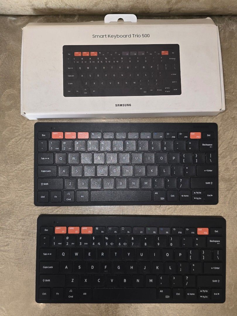 Samsung Keyboard Trio 500 (Category: Computer Keyboard) located in Caloocan City. Submitted by mursedani (Listing ID 1468384380, Image 1). Description: Purchased: November 2024 and Good as new! RFS: Hindi ginagamit, prefer handwritten mag notes. Used only once. 1k each Details: 2pcs. /w box 1pc w/o box ✅ Used only ONCE ✅ Complete with original box ✅ No scratches, dents, or damage ✅ All keys are in excellent condition ✅ Compatible with any bluetoo