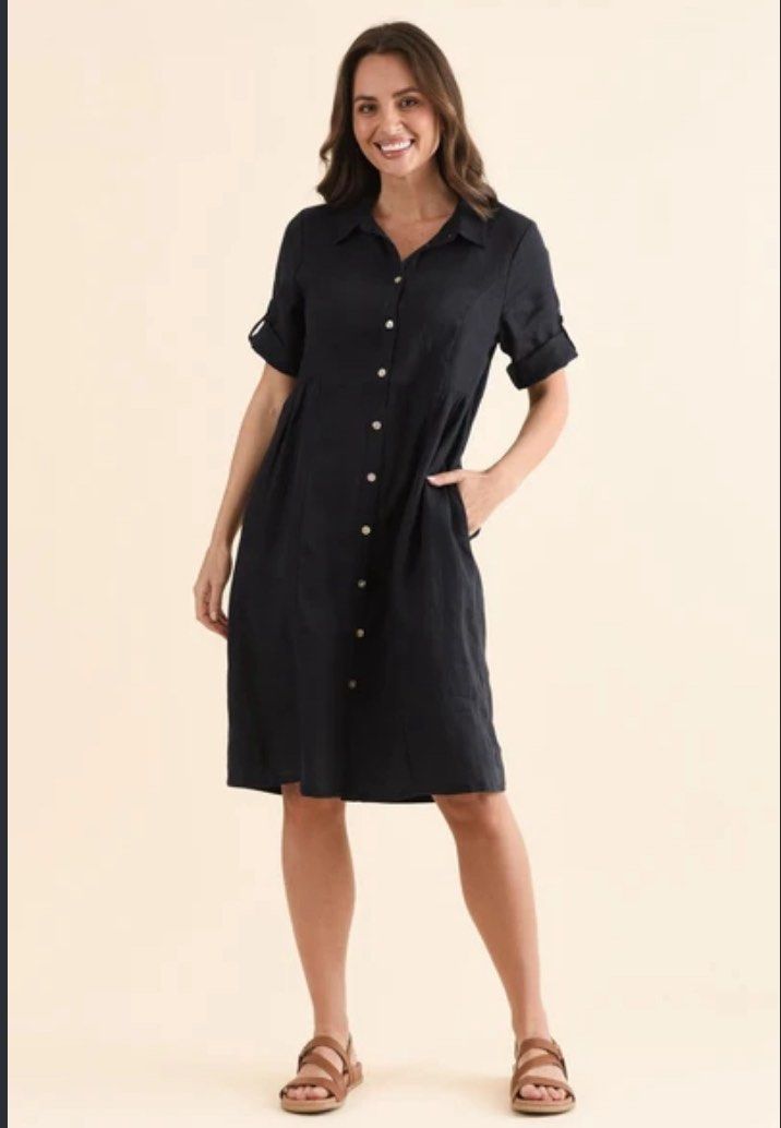 Sandro Paris Black Button-Down Shirt Dress (Category: Dresses) located in Lucena. Submitted by nhelo_mill.6 (Listing ID 1468387826, Image 1). Description: - Brand: Sandro Paris - Color: Classic black - Style: Button-down shirt dress - Features: Short sleeves with button cuffs, pointed collar, front pockets - Closure: Full front with metal-rimmed buttons - Length: Knee-length - Material: Lightweight and easy to style up or down.