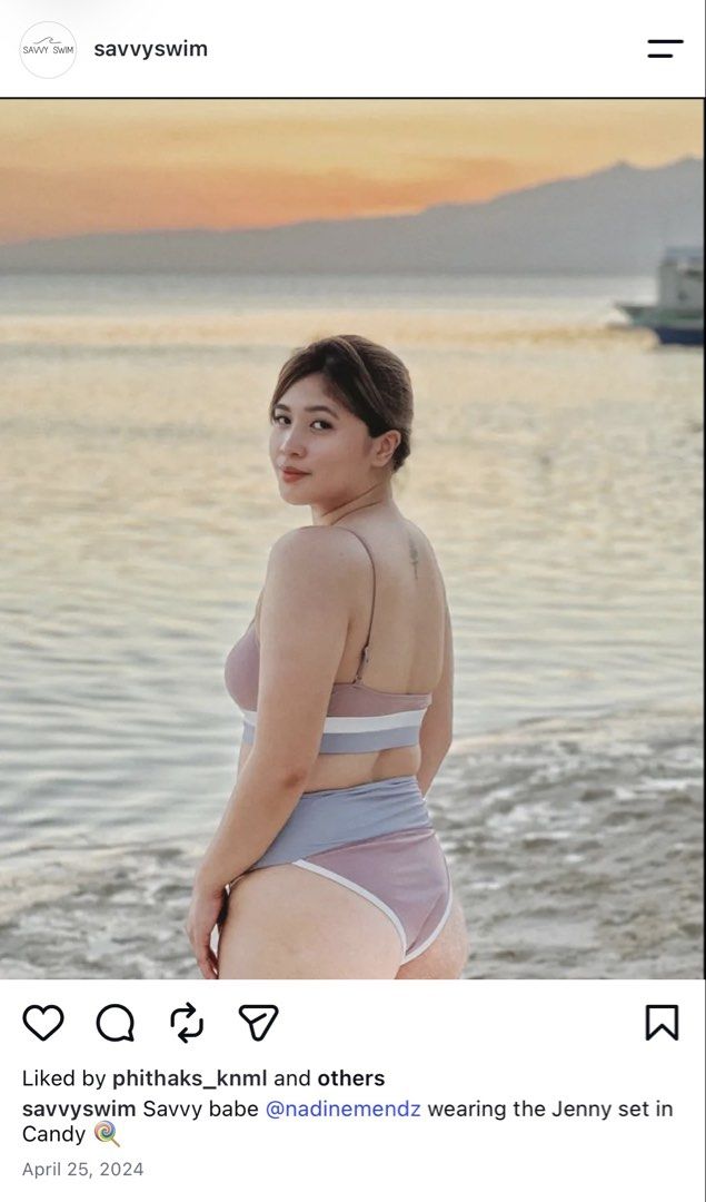 Savvyswim Jenny set in Candy (Category: Bikinis & Swimsuits) located in Makati City. Submitted by kaassy (Listing ID 1468386073, Image 1). Description: - Brand: Savvyswim - Style: Jenny Bikini Set - Colorway: Candy (dusty pink, white, and muted purple color block) - Top: Scoop neck with adjustable spaghetti straps - Bottoms: High-waisted with moderate coverage - Condition: Worn once for a photo shoot, freshly washed and stored cleanly - Direct fr