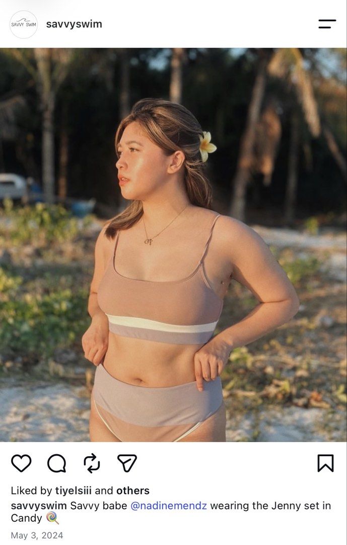 Savvyswim Jenny set in Candy (Category: Bikinis & Swimsuits) located in Makati City. Submitted by kaassy (Listing ID 1468386073, Image 2). Description: - Brand: Savvyswim - Style: Jenny Bikini Set - Colorway: Candy (dusty pink, white, and muted purple color block) - Top: Scoop neck with adjustable spaghetti straps - Bottoms: High-waisted with moderate coverage - Condition: Worn once for a photo shoot, freshly washed and stored cleanly - Direct fr