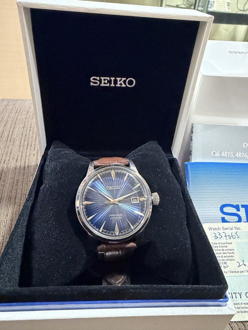 Seiko Presage Automatic Watch SRPK15J1 (Category: Men's Watches) located in Taguig. Submitted by ben_fermin (Listing ID 1468384348, Image 2). Description: Bought in CityChain Hongkong last Nov. 2023 - Brand: Seiko Presage Automatic Watch - Dial: Stunning blue textured dial - Case: Stainless steel case with a clean crystal and exhibition case back - Movement: Reliable Seiko 4R35 automatic movement - Strap: Brown leather strap with original signed 