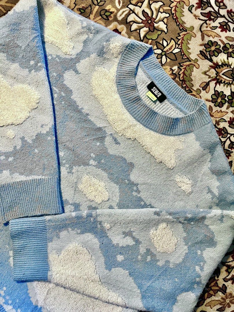 SEM/R CLOUD WOOL SWEATER (Category: Coats, Jackets and Outerwear) located in Manila. Submitted by thrft777 (Listing ID 1468336760, Image 1). Description: ❗️READ THE FOLLOWING BEFORE INQUIRING❗️ Dimes: H: 25inch W: 24inch Details: Boxy Oversized | Baby blue color | Embossed cloud designs. Size reference (In the last two photos): 1st photo: Woman | 5’1 | 49KG. 2nd photo: Man | 5’8 | 65KG Issue: NONE 100% Like brand new NON NEGOTIABLE: PAYMENT FIRST
