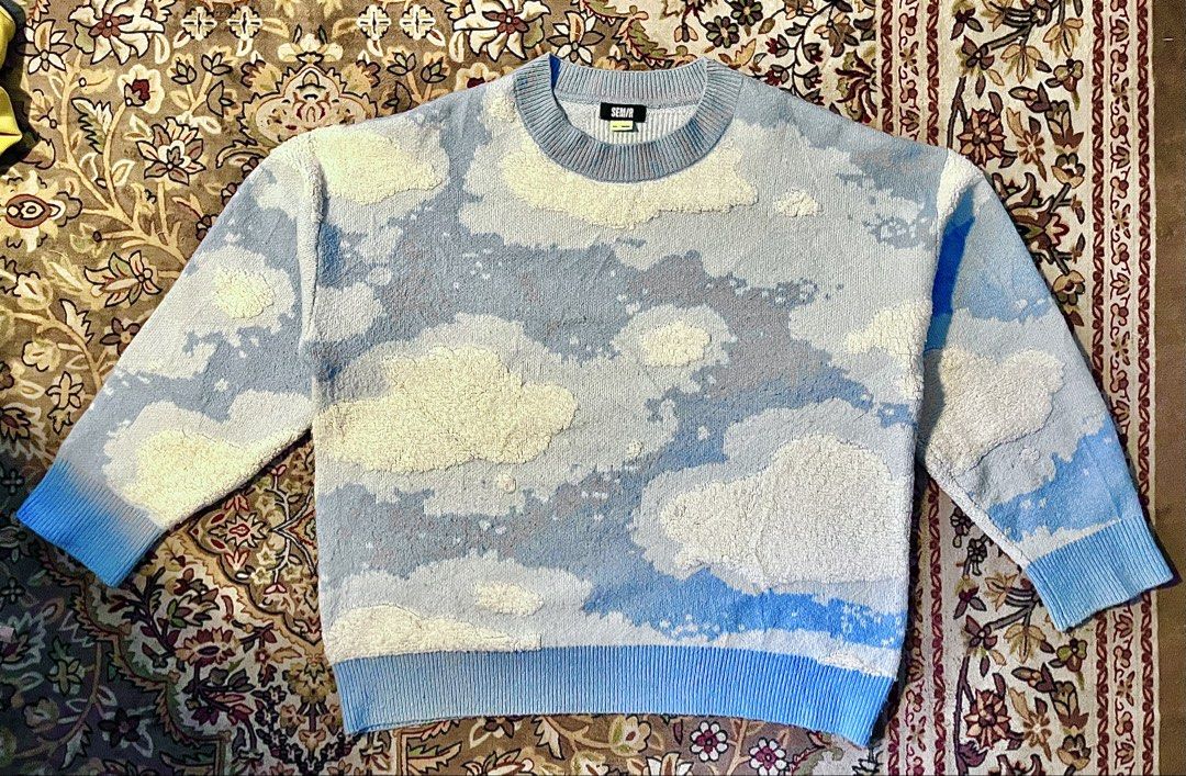 SEM/R CLOUD WOOL SWEATER (Category: Coats, Jackets and Outerwear) located in Manila. Submitted by thrft777 (Listing ID 1468336760, Image 3). Description: ❗️READ THE FOLLOWING BEFORE INQUIRING❗️ Dimes: H: 25inch W: 24inch Details: Boxy Oversized | Baby blue color | Embossed cloud designs. Size reference (In the last two photos): 1st photo: Woman | 5’1 | 49KG. 2nd photo: Man | 5’8 | 65KG Issue: NONE 100% Like brand new NON NEGOTIABLE: PAYMENT FIRST