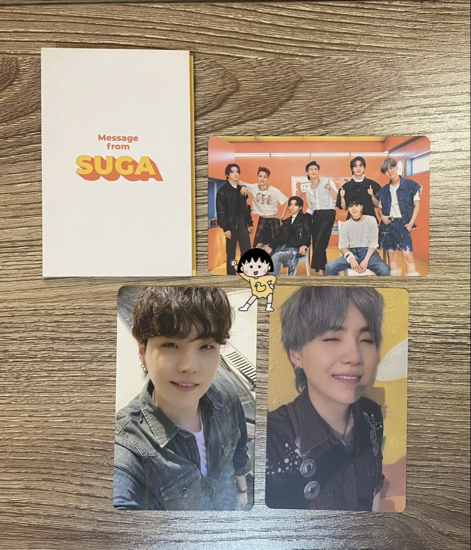 [Set] BTS Suga Random Butter PCs (Category: K-Wave Merchandise) located in Manila. Submitted by jolinyaaa (Listing ID 1468434566, Image 1). Description: BTS Suga Random Butter PCs 680 / set Onhand Payo x sensi t. wts lfb bts ph yoongi min suga butter album lucky draw pcs photocards message OT7 rm jin jhope jimin v jungkook onhand .
