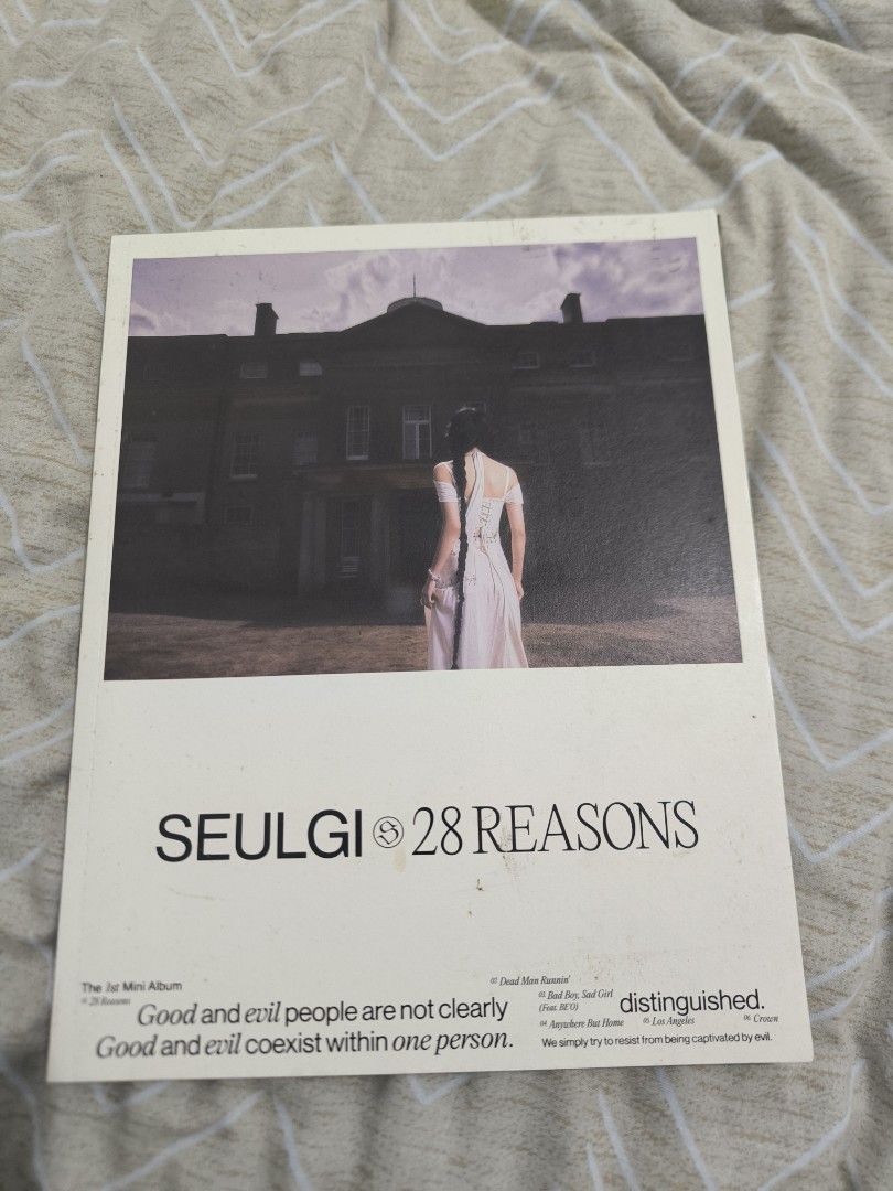 Seulgi 28 Reasons Photobook (Category: K-Wave Merchandise) located in Davao. Submitted by jmdm98 (Listing ID 1468387612, Image 1). Description: Seulgi 28 Reasons Photobook Inclusions: 1. Seulgi A4 Postcard 2. CD PM for interested buyers. mode of payment: maya, gotyme, gcash condition of photobook: dust stains the photobook cover reason for selling: decluttering currently selling at Davao City area only but PM me if outside the area. can be negoti