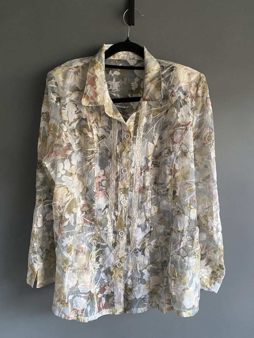Sheer floral pastel shirt (Category: Longsleeves) located in Cebu City. Submitted by janb85 (Listing ID 1468362556, Image 2). Description: Feminine classy formal vibes Can get away with just undergarments underneath Fits m to xl With shoulder pads but not very prominent Perfect tucked in trousers or skirt Fresh lang .