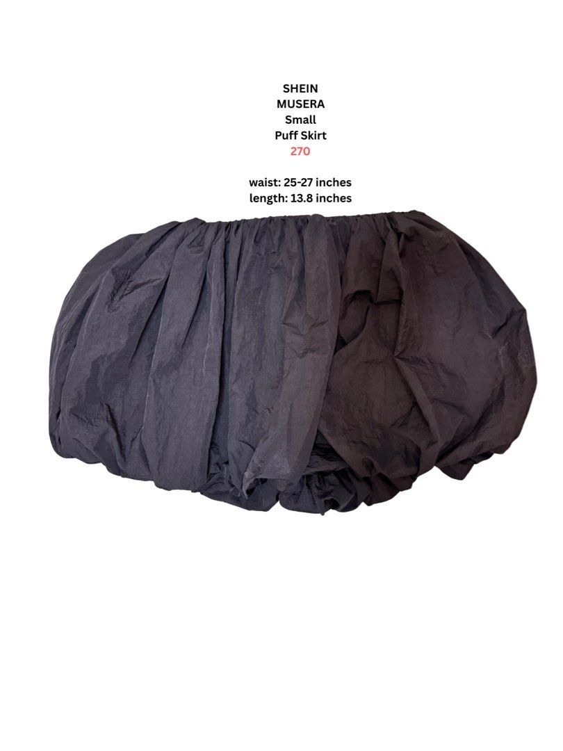 SHEIN MUSERA Small Puff Skirt Black (Category: Skirts) located in Angeles City. Submitted by vega.rachel (Listing ID 1468284286, Image 2). Description: - Brand/Model: SHEIN MUSERA - Color: Black - Size: Small - Waist: 25 to 27 inches - Length: 13.8 inches - Style: Balloon silhouette with gathered details - Material: Lightweight fabric, easy to style for casual days or nights out.