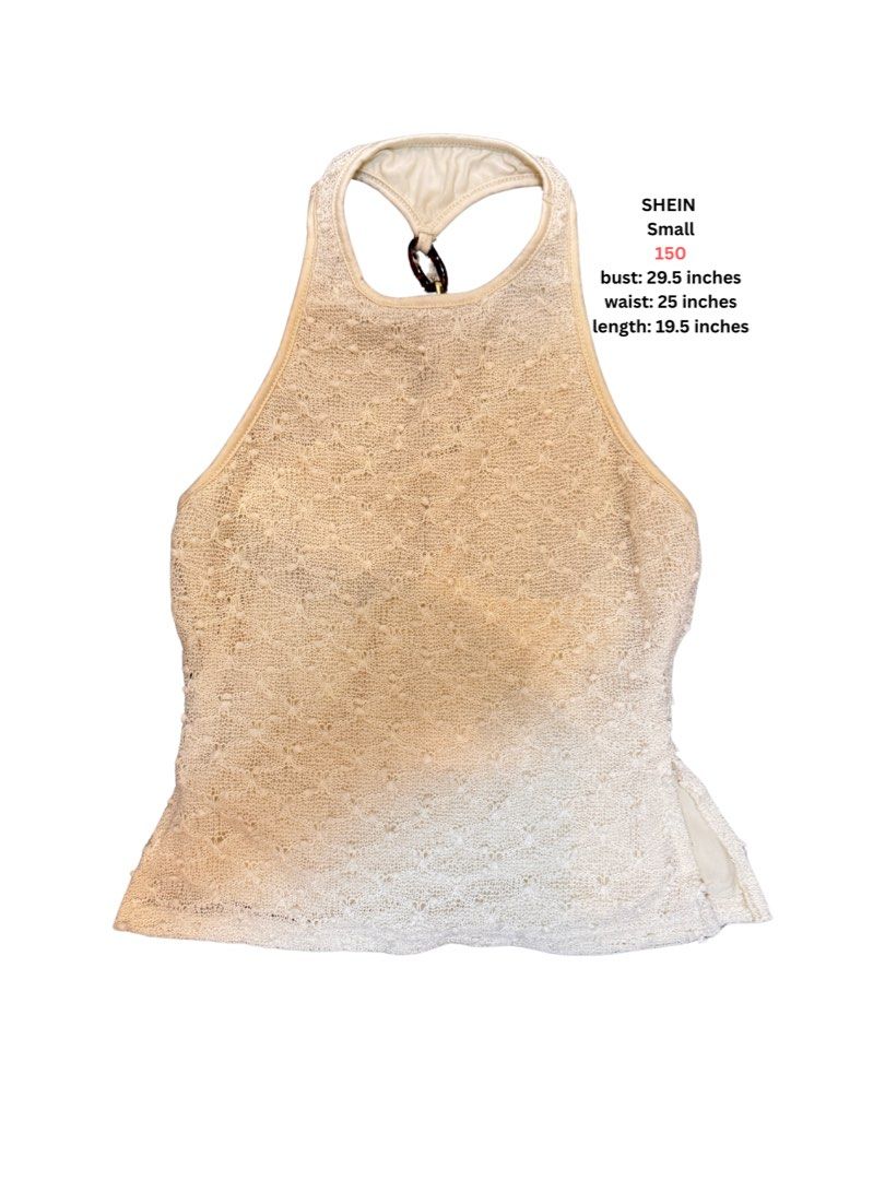 SHEIN Small Beige Halter Top Lace Pattern (Category: Sleeveless) located in Angeles City. Submitted by vega.rachel (Listing ID 1468284309, Image 2). Description: - Brand: SHEIN - Color: Beige - Size: Small - Material: All-over lace texture - Design: Halter style with back ring detail - Measurements: Bust 29.5" | Waist 25" | Length 19.5" - Condition: Great for layering or warmer weather - Price: ₱150.