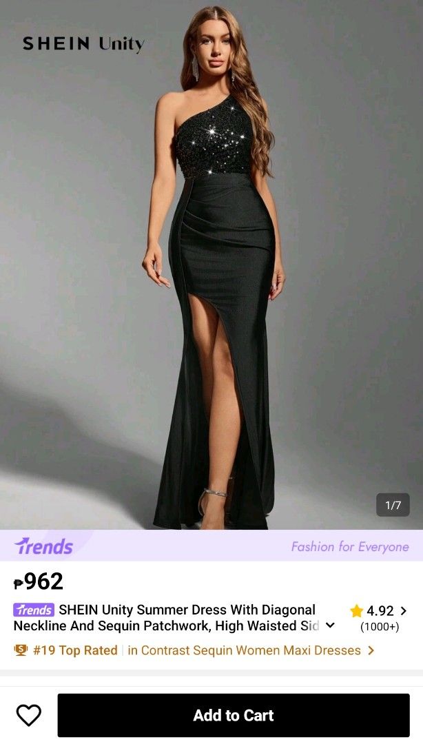 SHEIN Unity Sequin Patchwork High Waisted Maxi Dress Party (Category: Evening dresses & gowns) located in Mandaluyong City. Submitted by ghostrider114 (Listing ID 1468326168, Image 2). Description: - Brand: SHEIN Unity - Style: Elegant black maxi dress with skinny fit - Details: One-shoulder neckline, sparkly sequin patchwork on top and high waist - Occasion: Perfect for parties, proms, and formal events -Item location: Makati - Condition: Only u