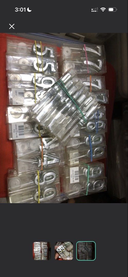 Silver Number Candles and Assorted Plastic Cookie Cutters (Category: Bakeware) located in Mandaluyong City. Submitted by greenapple14 (Listing ID 1468339381, Image 1). Description: - Bundle set of silver number candles in clear boxes - Includes assorted plastic cookie cutters: Mickey Mouse, star, snowflake, and hand shapes - Ideal for birthday cakes and fun baking projects - Kitchen clear-out sale - Selling everything together as one set.