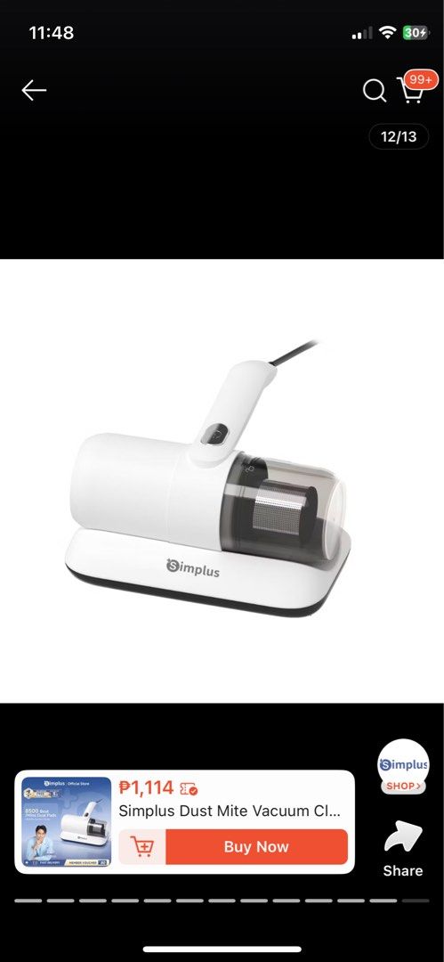 Simplus Dust Mite Vacuum Cleaner (Category: Vacuum Cleaner & Housekeeping) located in Bauan. Submitted by wiseflower.670048 (Listing ID 1468355325, Image 1). Description: - Brand: Simplus Dust Mite Vacuum Cleaner (White) - Condition: Cleaned, tested, and ready for use - Design: Compact handheld with a transparent dust cup and roller brush base - Usage: Ideal for removing dust and allergens from beds, sofas, and upholstery - Power: Wired (plugs in