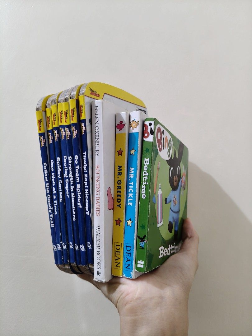 Small assorted board books bundle (Category: Children's Books) located in Makati City. Submitted by wowkidsbook (Listing ID 1468406839, Image 3). Description: Bundle includes the following: - Bing Bedtime - Mr. Tickle - Mr. Greedy - Bouncing Babies - Spidey: Thwip! Zap! Hiccup? - Spidey: Go Team Spidey! - Spidey: Strength in Numbers - Spidey: Feeling Super - Spidey: Spidey Senses - Spidey: One Web at a Time - Spidey: Follow the Candy Trail Books 