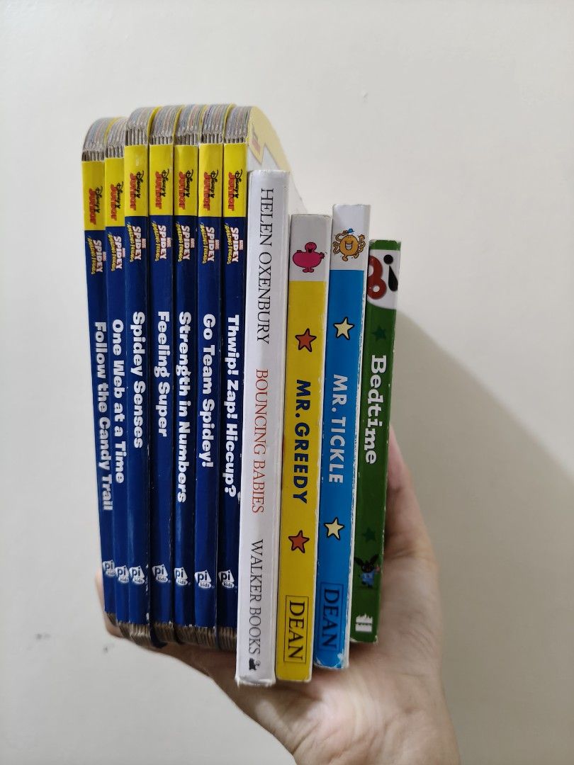 Small assorted board books bundle (Category: Children's Books) located in Makati City. Submitted by wowkidsbook (Listing ID 1468406839, Image 1). Description: Bundle includes the following: - Bing Bedtime - Mr. Tickle - Mr. Greedy - Bouncing Babies - Spidey: Thwip! Zap! Hiccup? - Spidey: Go Team Spidey! - Spidey: Strength in Numbers - Spidey: Feeling Super - Spidey: Spidey Senses - Spidey: One Web at a Time - Spidey: Follow the Candy Trail Books 