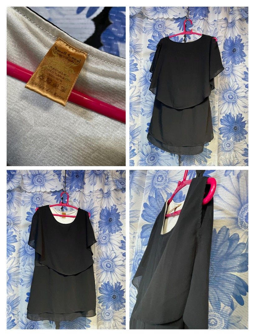Small Coral Black Layered Chiffon Blouse (Category: Blouses) located in Manila. Submitted by arimad.clo (Listing ID 1468378427, Image 1). Description: - Brand: Small Coral - Color: Black with white inner lining at the neckline - Material: Lightweight chiffon - Design: Double-layer with short sleeves and scoop neck - Style: Versatile, easy to dress up or down.