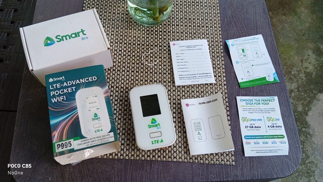 Smart Bro LTE-A Pocket WiFi FX-PR4 (Category: Networking) located in Cavite. Submitted by richard.heart (Listing ID 1468333289, Image 3). Description: - Model: Smart Bro LTE-Advanced FX-PR4 - Condition: Complete with original box, manuals, and battery - Battery Capacity: 3000mAh for long-lasting use - Features: Fast mobile internet with carrier aggregation technology - Compatibility: Ready to use with Smart network SIM cards - Inclusion: Everythi