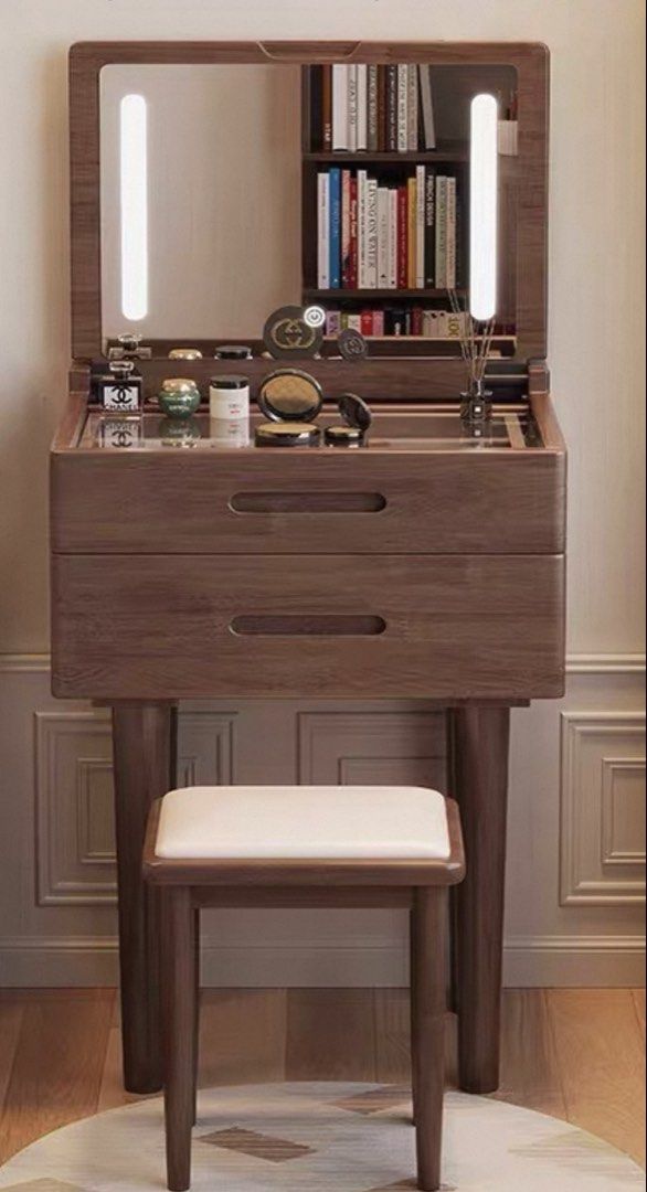Solid Wood Bedside Dressing Table (Category: Tables & Sets) located in Singapore. Submitted by tan.yingchun (Listing ID 1468436079, Image 1). Description: Good for Small Rooms! Small Bedside Dressing Table w/ Mirror + LED Light. Length: 40cm Depth: 40cm Height: ~75cm Totally New - In Packaging along with Wood Colour: Walnut Very Light 橡胶木-白色 Support for Shipping. May or may not have chair. Self Collection @ 91 Dawson Road.