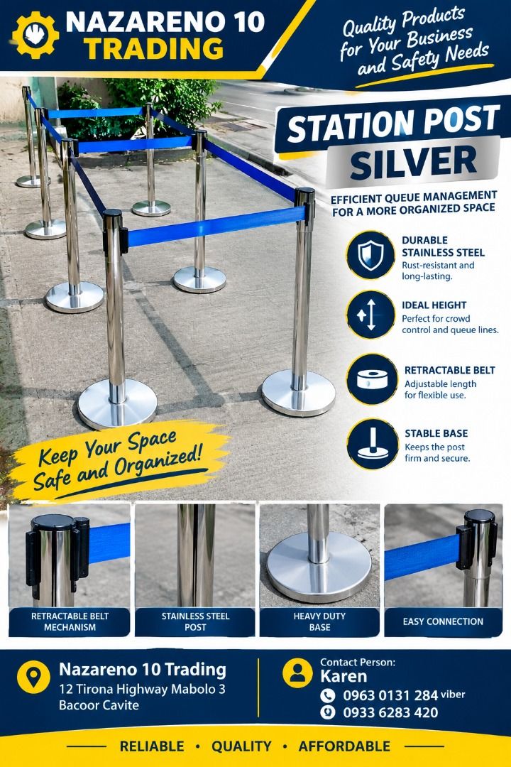 Stanchion Post Silver with Retractable Belt (Category: Looking For) located in Bacoor. Submitted by kajezame.2021 (Listing ID 1468347119, Image 1). Description: Stanchion Post Silver with Retractable Belt For More Details and Discount Contact Ms. Karen NAZARENO 10 TRADING 0963 0131 284 0933 6283 420 0956 7028 557 0933 8559 510 Landline: Look for Ms. Karen (046 ) 416 3920 Also available: • Traffic cone • Parking Block stopper • Hooded trash bin • 