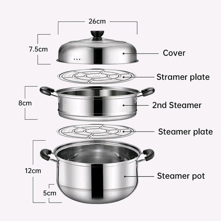 STEAMER 3 LAYER (Category: Cookware & Accessories) located in Manila. Submitted by berdenmarl01688 (Listing ID 1468483809, Image 1). Description: - Stainless steel 3-tier steamer pot set, Model KV-9905 - Diameter: 26cm - Complete set: Base steamer pot, second steamer tier, two steamer plates, and lid cover - Sturdy handles on pot and tiers for safe and easy lifting - Multi-layer cooking design to steam multiple dishes simultaneously - Original bo