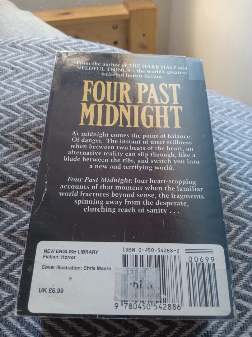 Stephen King Four Past Midnight paperback book (Category: Storybooks) located in Bacolor. Submitted by appletun (Listing ID 1468356917, Image 3). Description: all sales final. no returns/refunds/exchange. mop: gcash. no cod/cop/sco. handling/mod: spx +P70sf. - Title: Four Past Midnight by Stephen King - Format: Paperback - Content: Collection of four suspenseful novellas - Cover: Features a striking cracked clock face - Condition: Pages are intac