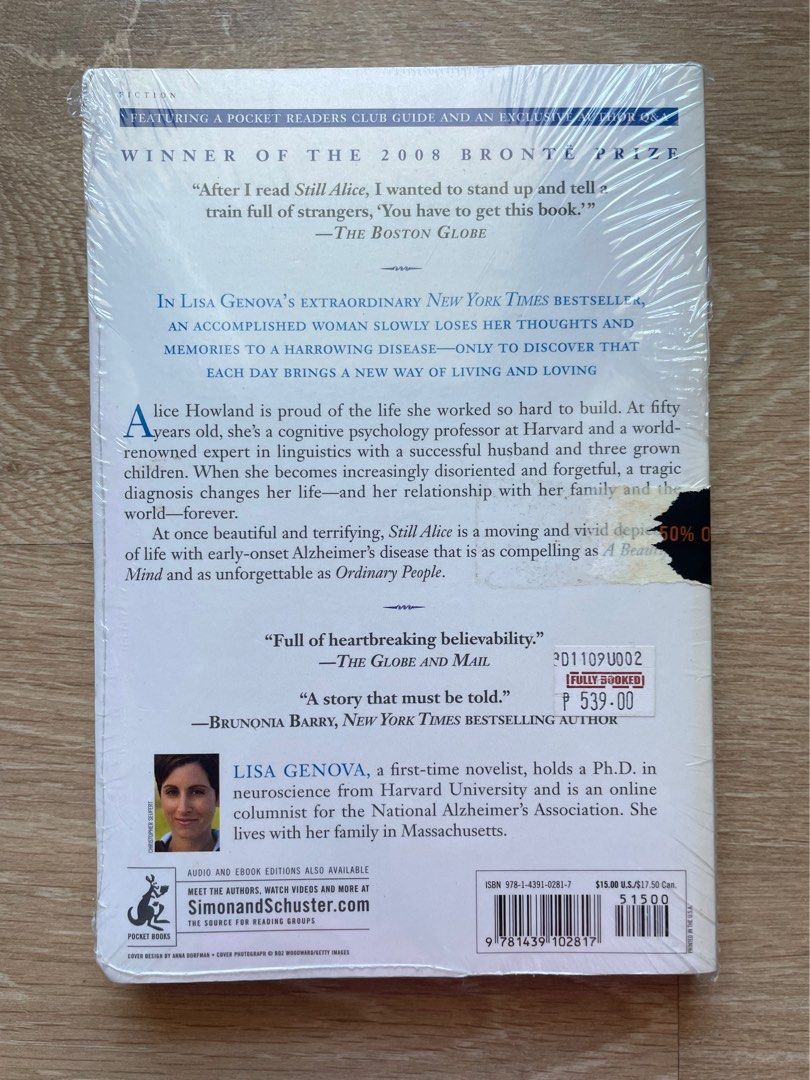 Still Alice by Lisa Genova Novel (Category: Storybooks) located in Muntinlupa City. Submitted by a.declutterer (Listing ID 1468440652, Image 3). Description: “Still Alice” by Lisa Genova Brand new, still sealed Rfs: decluttering .