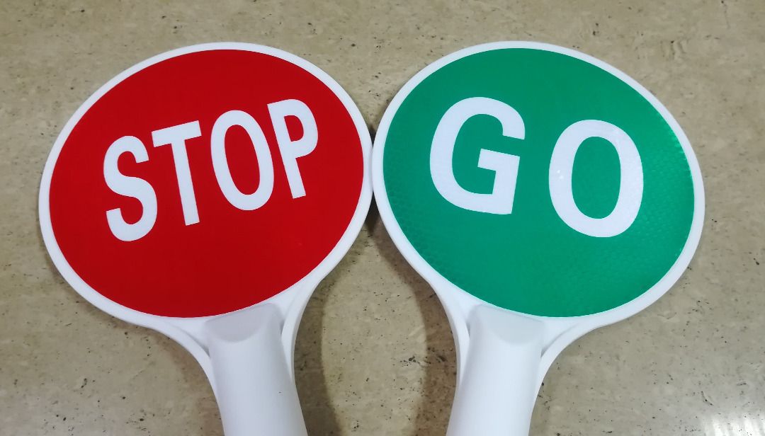 Stop and Go Reversible Traffic Signage Reflective Handle Type (Category: Industrial Equipment) located in Manila. Submitted by liincee (Listing ID 1468292066, Image 2). Description: Reflectorized Stop & Go (Back to Back) Handheld Signage This hand-held STOP / GO Sign Paddle uses effective messages or images for traffic and pedestrian safety concerns. Red color for STOP Green color for GO Back to Back/ Reversible Front - Go, Back - Stop Reflectori