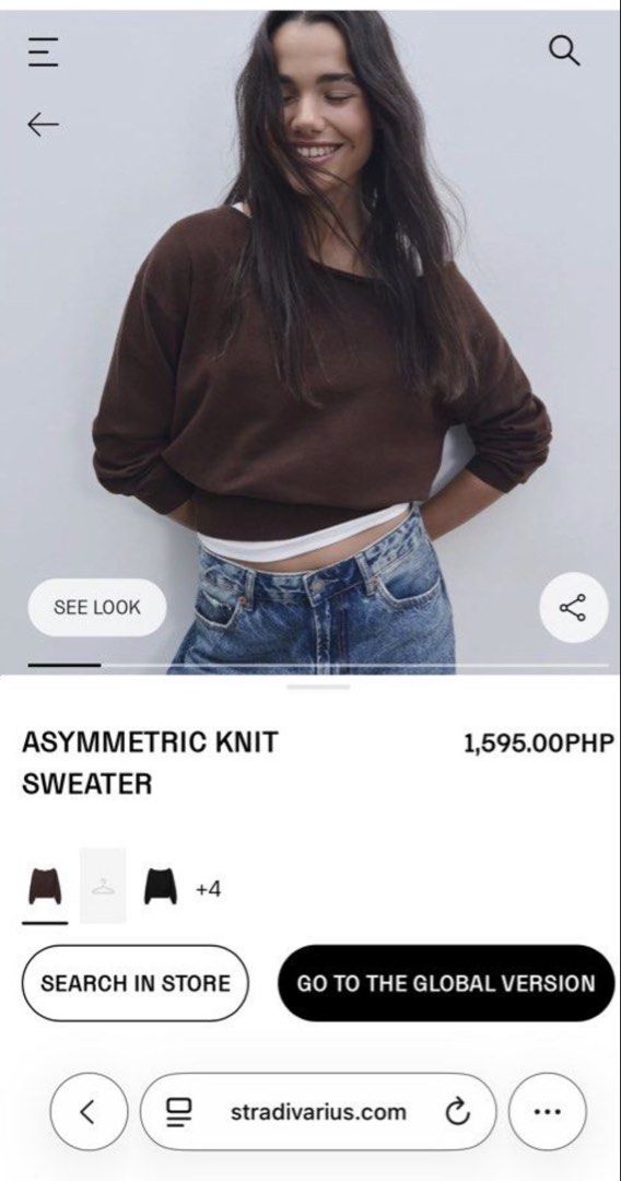 Stradivarius Asymmetric Knit Sweater Brown (Category: Longsleeves) located in Taguig. Submitted by nics04433 (Listing ID 1468320501, Image 2). Description: - Brand: Stradivarius - Style: Asymmetric off-the-shoulder knit sweater - Color: Dark brown - Fit: Cropped, true to size, great stretch - Condition: Worn once for a mirror selfie, pristine condition.