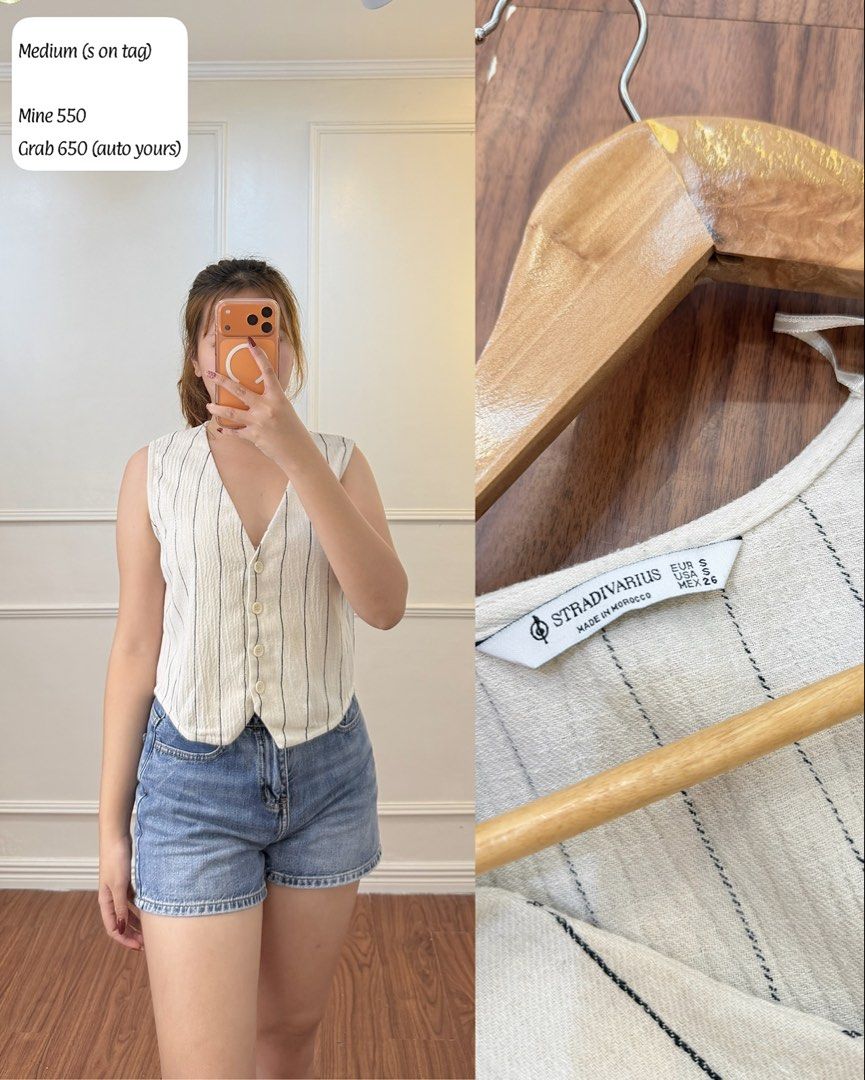 Stradivarius Striped Button-Up Vest (Category: Sleeveless) located in Manila. Submitted by angelll0123 (Listing ID 1468448350, Image 1). Description: - Brand: Stradivarius - Style: Striped button-up vest with V-neckline and front button closure - Color: Cream with thin black vertical lines - Size: Tagged size S (fits like a Medium) - Material: Textured fabric - Styling tip: Looks great paired with denim shorts.