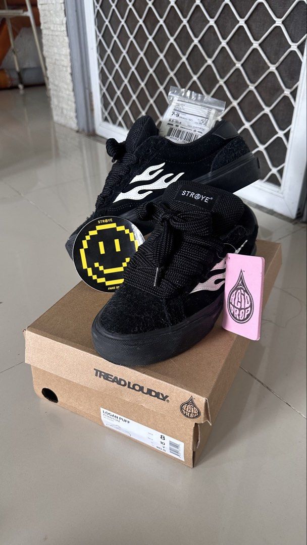 Straye Logan Puff Phantom Skate Shoes Black Size 8 (Category: Sneakers) located in Caloocan City. Submitted by garahehub (Listing ID 1468334419, Image 1). Description: - Brand: Straye Logan Puff Phantom - Color: Black with white flame graphic - Size: US Men's 8 / Women's 10 - Condition: Brand new in box, never worn - Inclusions: Original shoe box, tags, stickers, and extra white laces - Details: Trendy chunky black laces.