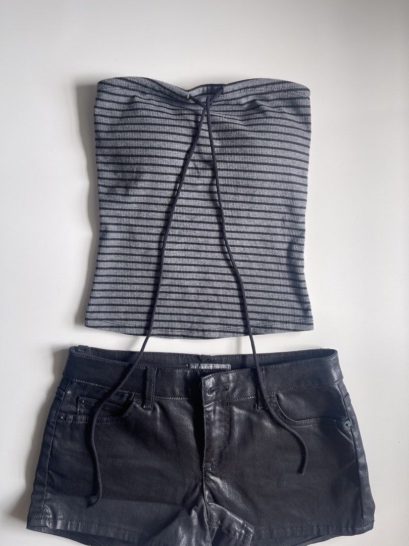 Striped Tube Top (Category: Others Tops) located in Cavite. Submitted by devilourea (Listing ID 1468302480, Image 1). Description: - Set includes: Grey and black striped ribbed tube top and black faux leather shorts - Top features: Attached thin black string straps crossing over the front - Shorts feature: Classic denim-style pockets, belt loops, and a button fly - Condition: Clean, excellent, and ready to wear - Style: Versatile outfit great for