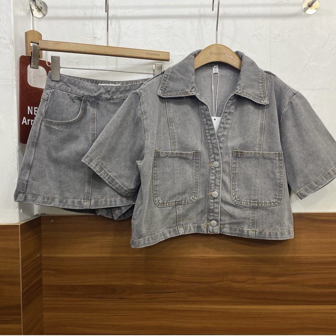 STUDIOX2 CROPPED SHORT SLEEVE SHIRT + WRAP DENIM SHORT (Category: Sets or Coordinates) located in Manila. Submitted by jade_preloved19 (Listing ID 1468302460, Image 3). Description: Size M Top: Chest 44, Length 19.5 Shorts: Waist 28, Hips 38, Length 13 From Bangkok Thailand.