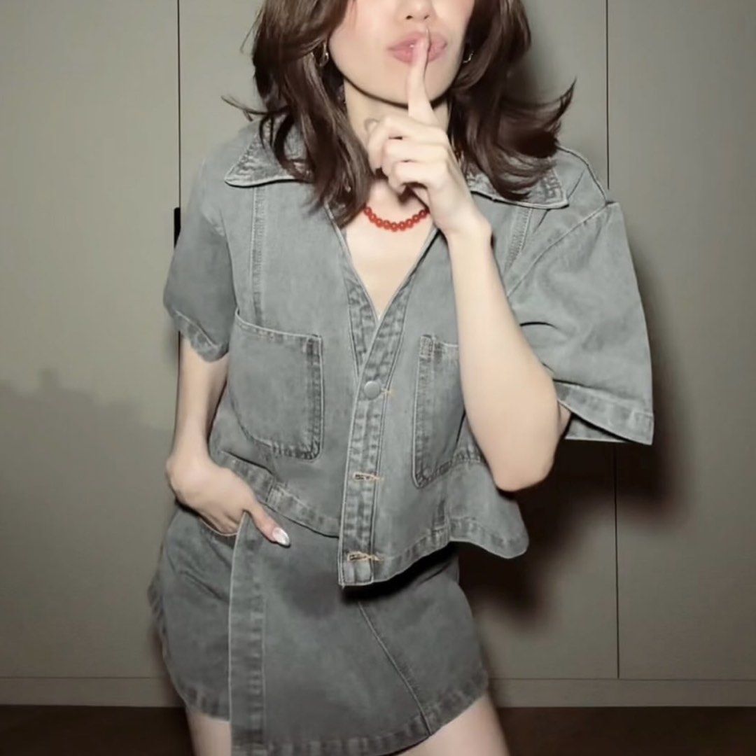 STUDIOX2 CROPPED SHORT SLEEVE SHIRT + WRAP DENIM SHORT (Category: Sets or Coordinates) located in Manila. Submitted by jade_preloved19 (Listing ID 1468302460, Image 2). Description: Size M Top: Chest 44, Length 19.5 Shorts: Waist 28, Hips 38, Length 13 From Bangkok Thailand.
