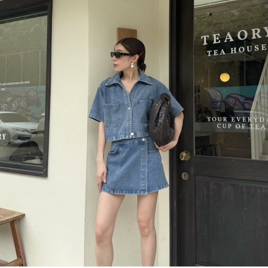 STUDIOX2 CROPPED SHORT SLEEVE SHIRT + WRAP DENIM SHORT (Category: Sets or Coordinates) located in Manila. Submitted by jade_preloved19 (Listing ID 1468302681, Image 2). Description: Size M Top: Chest 44, Length 19.5 Shorts: Waist 28, Hips 38, Length 13 From Bangkok Thailand.