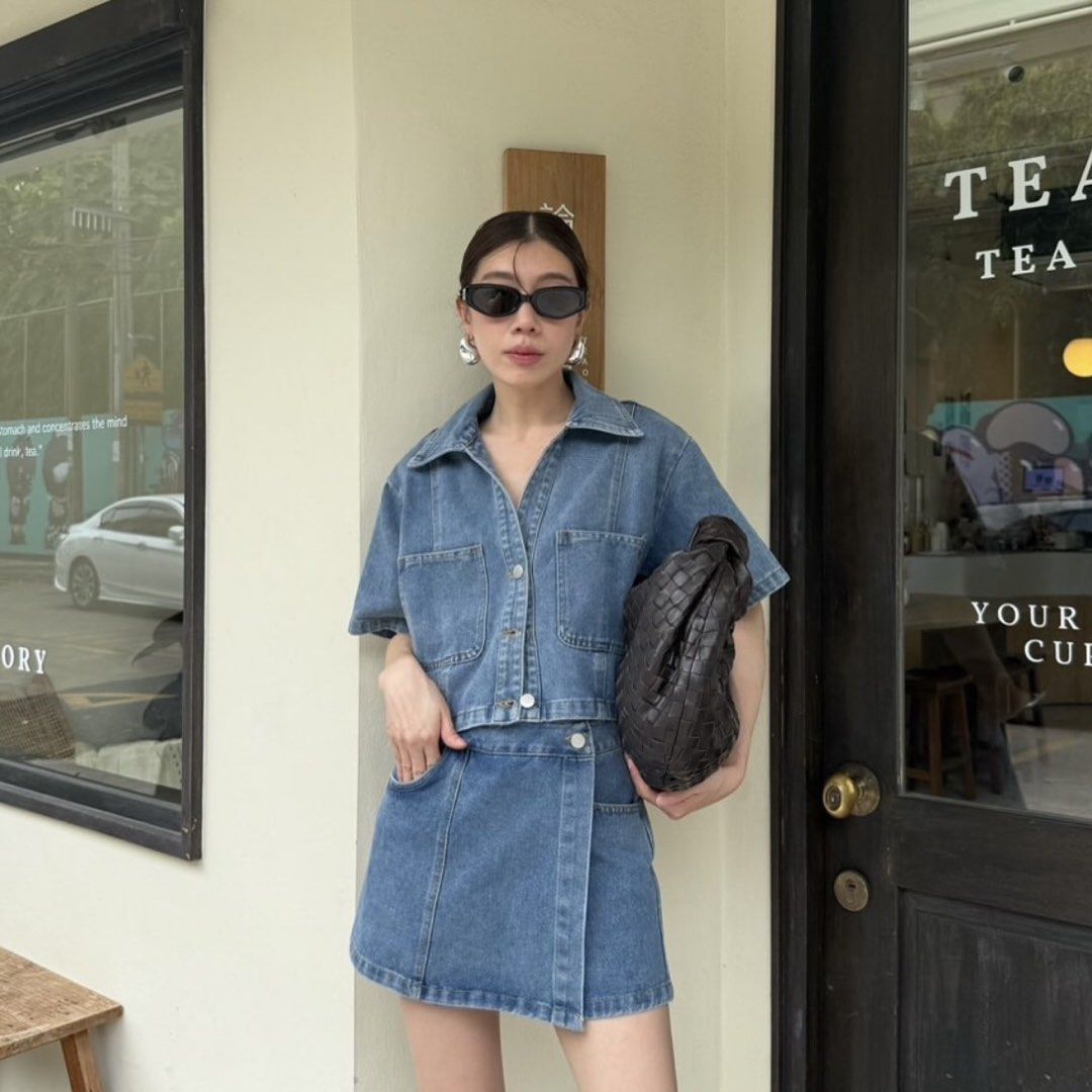 STUDIOX2 CROPPED SHORT SLEEVE SHIRT + WRAP DENIM SHORT (Category: Sets or Coordinates) located in Manila. Submitted by jade_preloved19 (Listing ID 1468302681, Image 1). Description: Size M Top: Chest 44, Length 19.5 Shorts: Waist 28, Hips 38, Length 13 From Bangkok Thailand.
