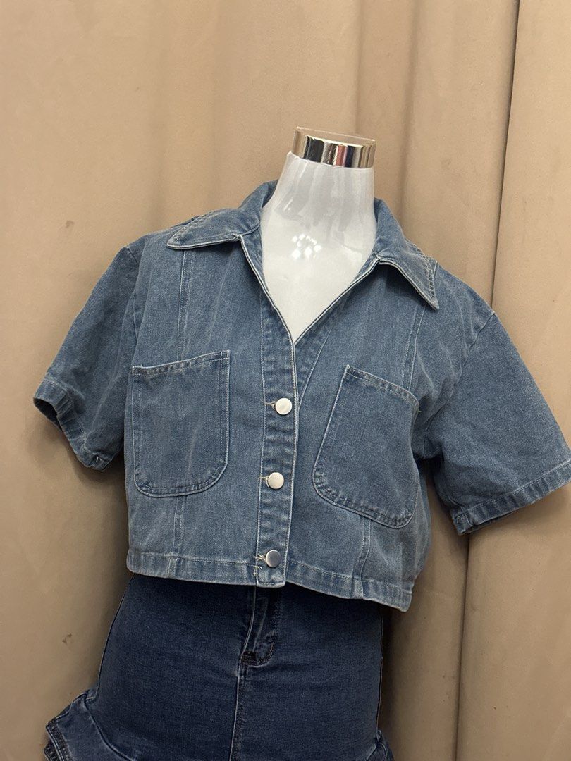 STUDIOX2 CROPPED SHORT SLEEVE SHIRT + WRAP DENIM SHORT (Category: Sets or Coordinates) located in Manila. Submitted by jade_preloved19 (Listing ID 1468302681, Image 3). Description: Size M Top: Chest 44, Length 19.5 Shorts: Waist 28, Hips 38, Length 13 From Bangkok Thailand.
