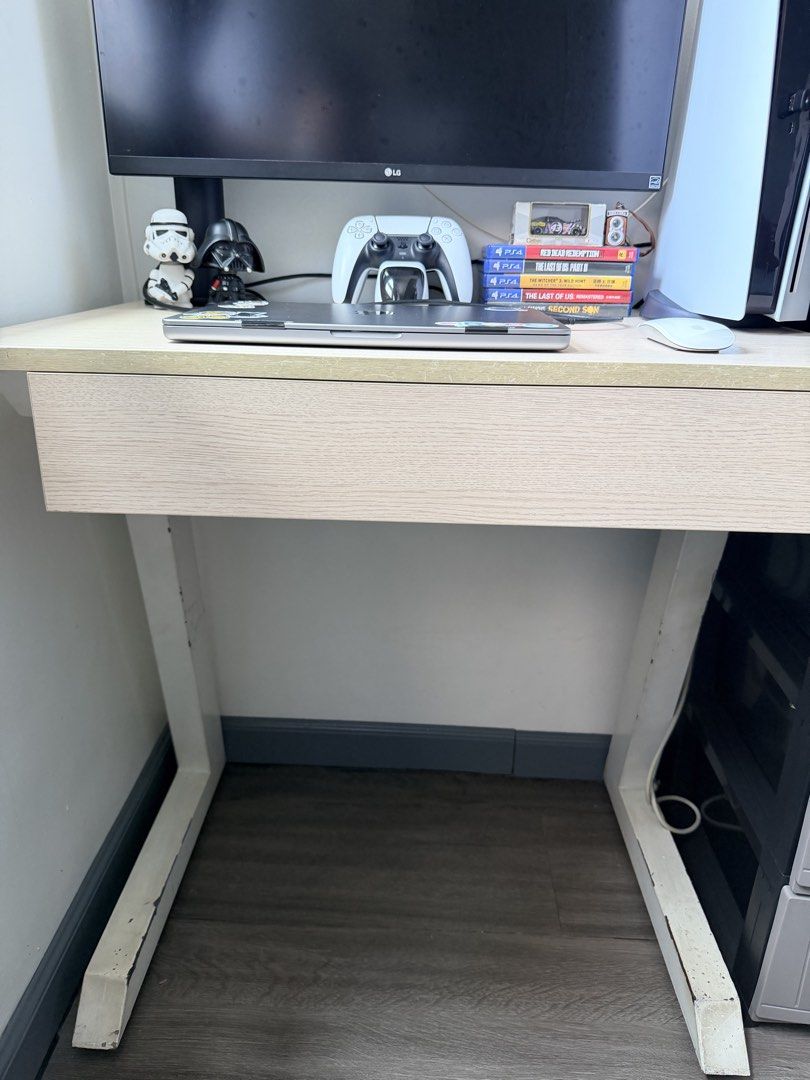 Study Desk with Drawer and Metal Legs (Category: Tables & Sets) located in Makati City. Submitted by kail.j (Listing ID 1468292816, Image 1). Description: Customize Work table (Orig price is 5000) - Material: Wooden finish top with sturdy metal legs - Storage: Convenient single drawer underneath - Dimensions: Approx. 31” wide x 20” deep x 30” high - Condition: Good overall, with minor wear near the base of the legs - Ideal For: Compact workspaces