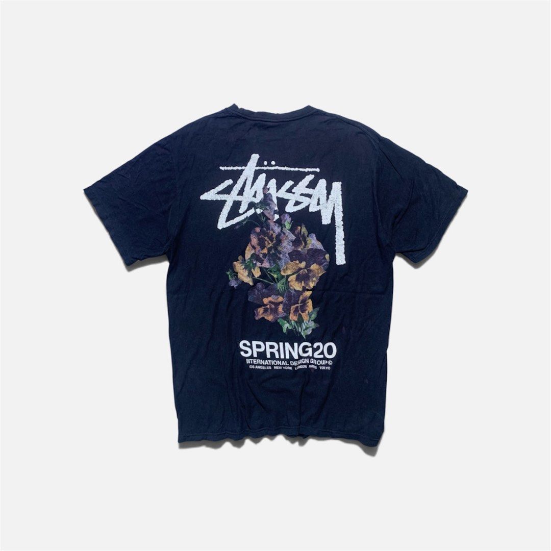 STUSSY BOUQUET SPRING 20 TEE (Category: Tshirts & Polo Shirts ) located in Cabanatuan. Submitted by _w2keed (Listing ID 1468477098, Image 1). Description: Size: M (W21' x L29') Condition: 7/10 Color rate: 8/10 Issue/s: crack/chip print, distressed neck, repaired hole at armpits, minimal bleach stain.