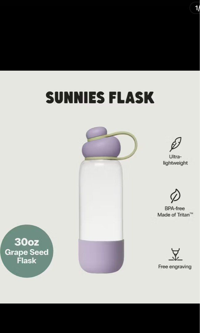 Sunnies Flask 30oz Grape Seed Flask Set (Category: Water Bottles & Tumblers) located in Binmaley. Submitted by gwolfwardrobe (Listing ID 1468405010, Image 1). Description: - Brand: Sunnies Flask - Capacity: 30oz - Colorway: Grape Seed (matching purple cap and protective boot base) -No individual box.