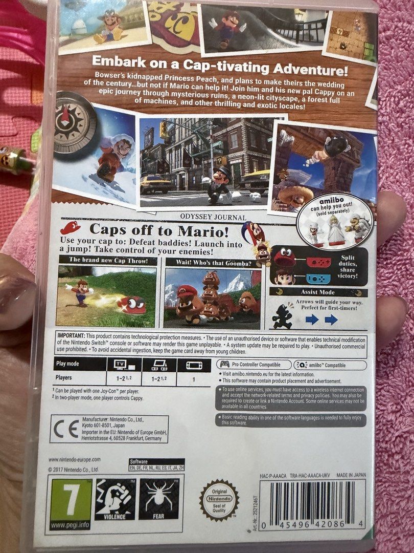 Super Mario Odyssey Nintendo Switch Game (Category: Nintendo) located in Caloocan City. Submitted by erreiv (Listing ID 1468490184, Image 3). Description: - Game: Super Mario Odyssey for Nintendo Switch - Region: EUR (PEGI 7 rated for mild violence and fear) - Inclusion: Original case with secure closure, inner artwork, and printed lyrics - Condition: Cartridge is tested and played through, case is in excellent shape .