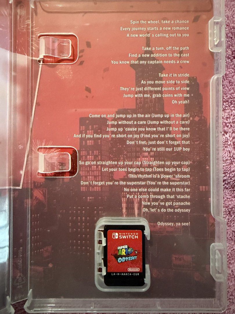 Super Mario Odyssey Nintendo Switch Game (Category: Nintendo) located in Caloocan City. Submitted by erreiv (Listing ID 1468490184, Image 2). Description: - Game: Super Mario Odyssey for Nintendo Switch - Region: EUR (PEGI 7 rated for mild violence and fear) - Inclusion: Original case with secure closure, inner artwork, and printed lyrics - Condition: Cartridge is tested and played through, case is in excellent shape .