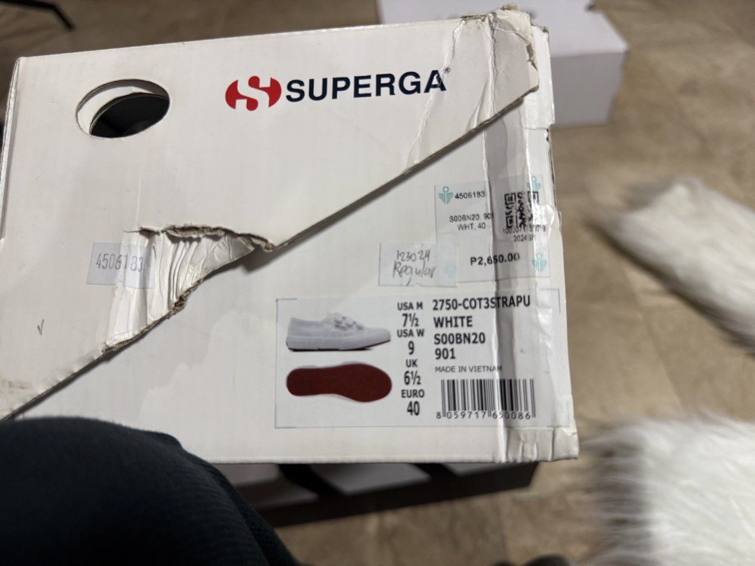 Superga White Sneakers (Category: Sneakers) located in Las Pinas. Submitted by juls_mp (Listing ID 1468382504, Image 3). Description: - Brand: Superga - Style: 2750 Cot3strapu (Low-top canvas sneakers with trendy triple velcro strap closure) - Color: Classic White - Size: 40 EU / 7.5 US Men / 9 US Women / 6.5 UK - Sole: Textured rubber bumper and vulcanized rubber sole for durability - Condition: Brand new with original box and price tag included