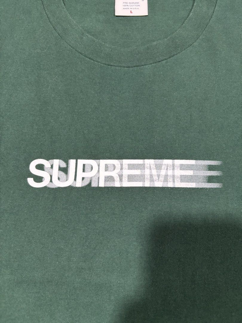 Supreme Motion Logo Tee Green Size L (Category: Tshirts & Polo Shirts ) located in Mabalacat. Submitted by _limitlessfashion (Listing ID 1468290423, Image 3). Description: - Supreme - Motion Logo Tee - Dark Green - Size: Large - Length 28 - Width 21 - Material: 100% Pre-shrunk Cotton (Made in USA) - Condition: Pre-loved with minor wear around the collar ribbing, clean front graphic - Details: Includes original collar tag and inside care label - M