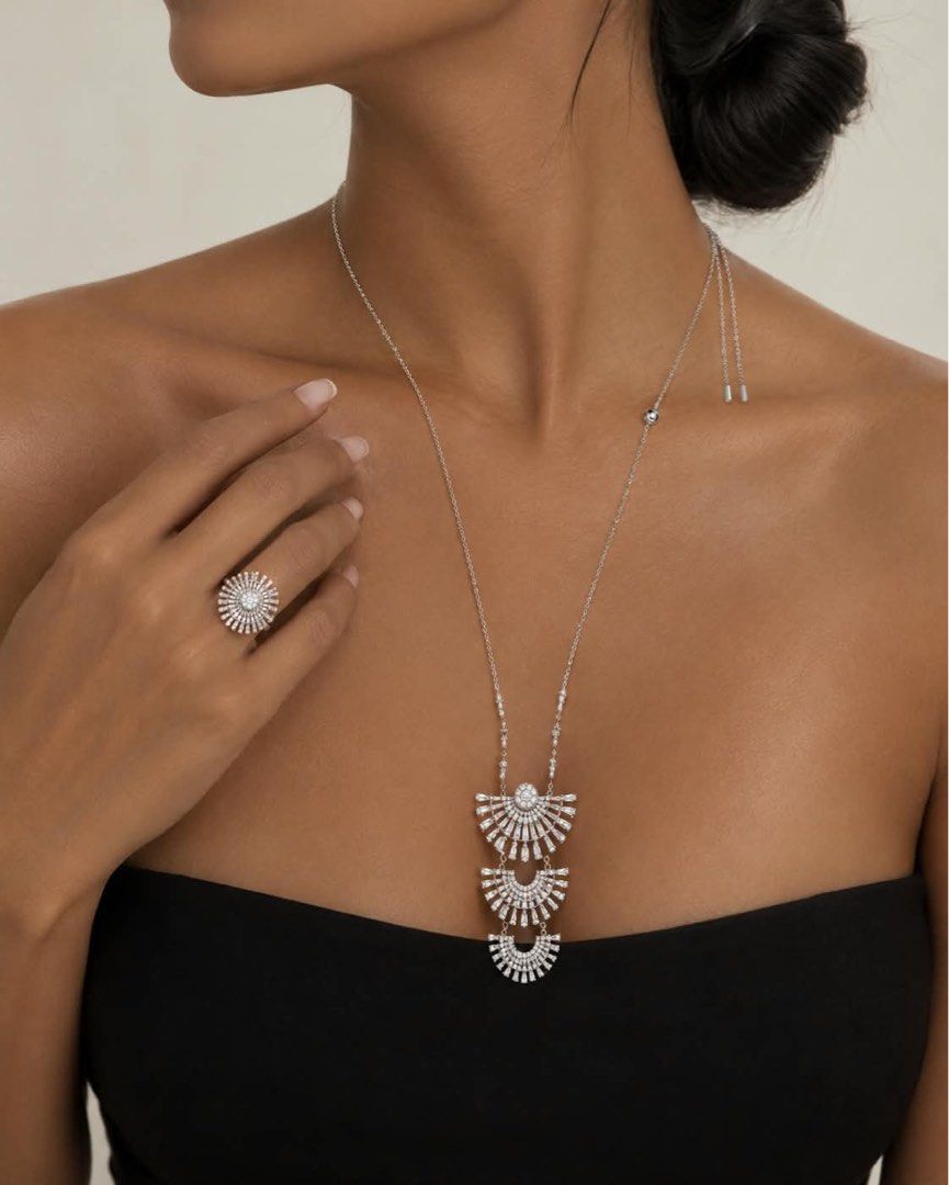 Swarovski Sparkling Dance Dial Up Necklace and ring set (Category: Necklaces) located in Muntinlupa City. Submitted by bff_findsph (Listing ID 1468435111, Image 2). Description: Set | ₱ 12,800 SRP | Necklace - Adjustable| $399 (Amazon) 5564432 SRP | Ring | €79 (Amazon) 5564427 Sparkling Dance Dial Up Necklace - multi-tiered fan-shaped design. Rhodium plated. Sparkling Dance Dial Up Ring - central dancing stone surrounded by a sunburst arrangement