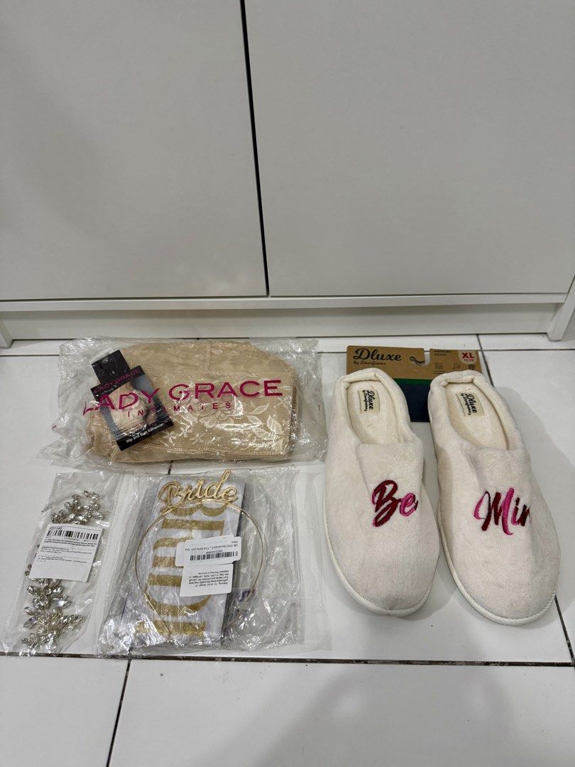 TAKE ALL - Bride Essentials (Category: Undergarments & Loungewear) located in Pasig City. Submitted by dstarcloset (Listing ID 1468315550, Image 1). Description: For TAKE ALL‼️ -All BRAND NEW and NEVER USED -Still in its own packaging ITEMS FOR TAKE ALL 1) White soft cushion “BE MINE” bed slippers (can fit size 8 to 10), bought from Canada 2) Bride headband with Bride sash 3) Silver with pearl hair accessory for Bride, bought from L@z@d@ app 4) L