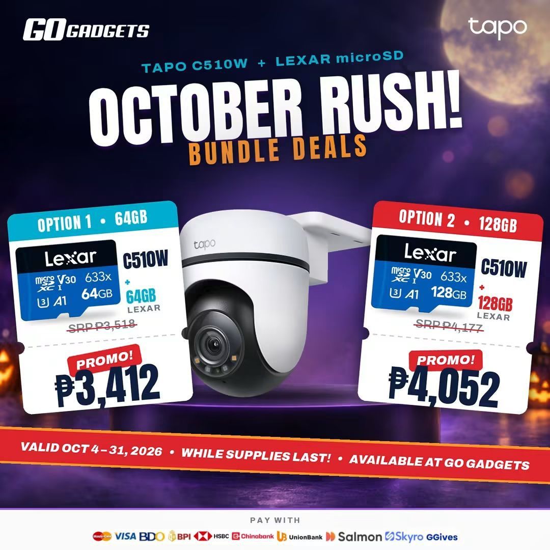 TAPO C510W + LEXAR microSD BUNDLE (Category: Security Systems & CCTV Cameras) located in Caloocan City. Submitted by kentsalvador31 (Listing ID 1468367037, Image 2). Description: TAPO C510W + LEXAR microSD BUNDLE Option 1 w/ Lexar 64GB: ₱3,412 Option 2 w/ Lexar 128GB: ₱4,052 Promo valid until October 31, 2026. Go Gadgets - Kawit Cavite 💬 Message us now for full specs & recommendations! 🔒 Suitable for: ✔ Homes ✔ Stores ✔ Offices ✔ Warehouses ✔ S
