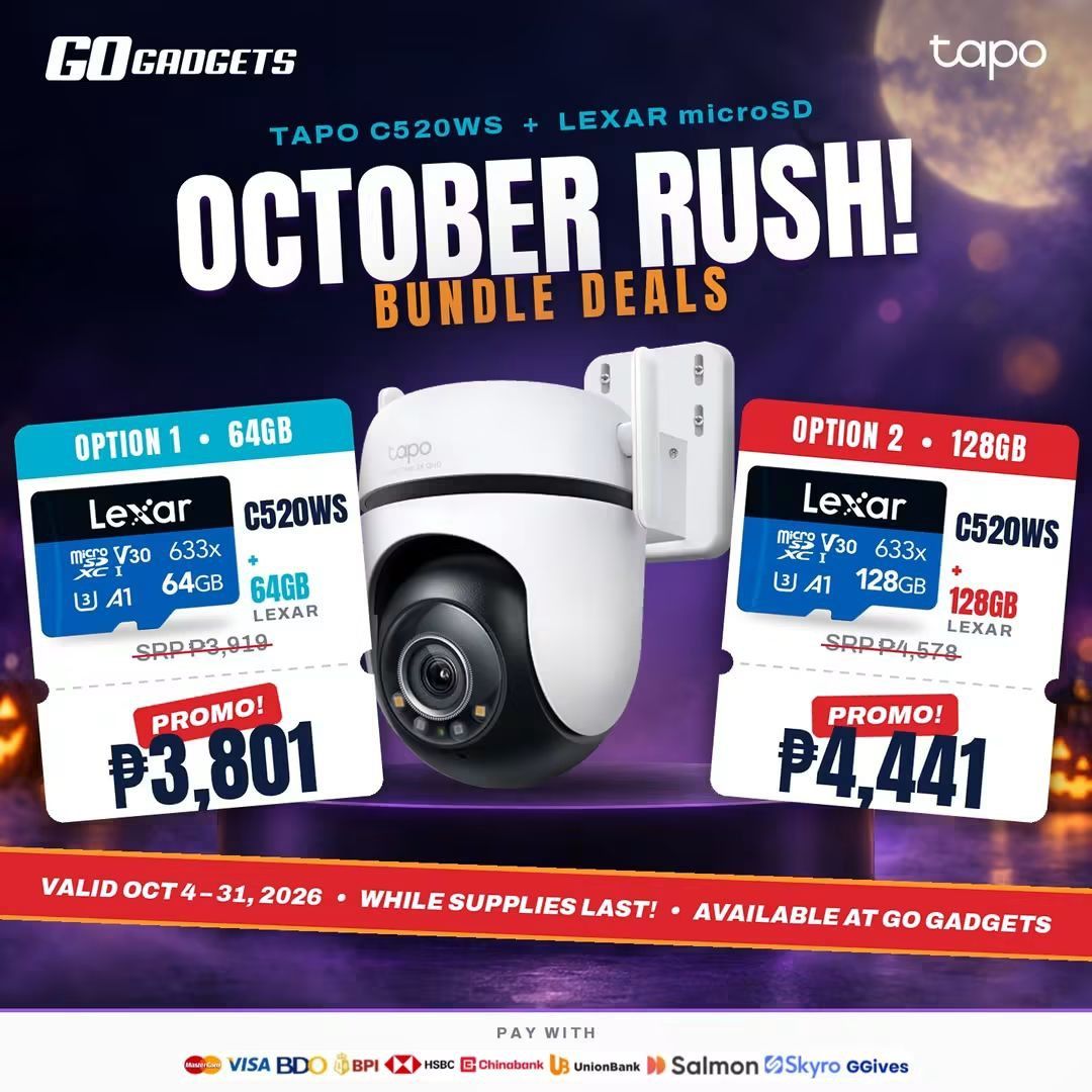 TAPO C520WS + LEXAR microSD BUNDLE (Category: Security Systems & CCTV Cameras) located in Caloocan City. Submitted by kentsalvador31 (Listing ID 1468366592, Image 2). Description: TAPO C520WS + LEXAR microSD BUNDLE. Option 1 w/ Lexar 64GB: ₱3,801 Option 2 w/ Lexar 128GB: ₱4,441 Promo valid until October 31, 2026. Go Gadgets - Kawit Cavite 💬 Message us now for full specs & recommendations! 🔒 Suitable for: ✔ Homes ✔ Stores ✔ Offices ✔ Warehouses 