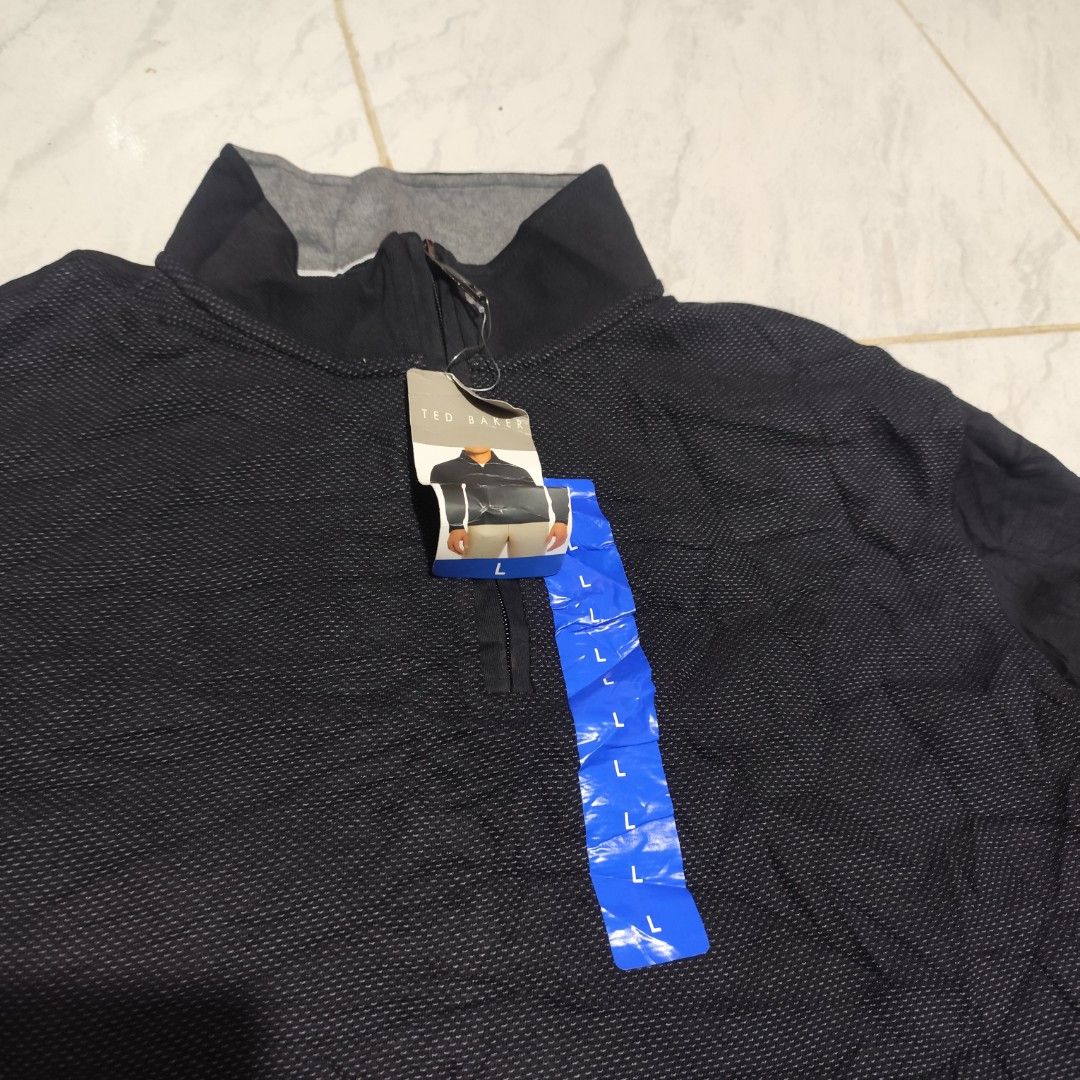 Ted Baker Quarter Zip Textured Pull Over Sweater Black Latge (Category: Coats, Jackets and Outerwear) located in Manila. Submitted by buyybustt (Listing ID 1468407825, Image 2). Description: Brand New! Complete Tags Size Large 27x21 30 Arms Length Came from Balikbayan Box Rfs No One Use It Dm.