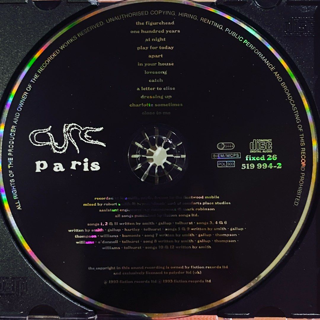 The Cure - Paris CD Album (Category: CDs & DVDs) located in Taguig. Submitted by znarfscriber (Listing ID 1468430212, Image 3). Description: The Cure Paris CD Album Recorded Live at Le Zenith, Paris October 1992 Made In Germany Fiction Records 1993 Cover: EX Media: NM RFS: Decluttering/Need Funds .