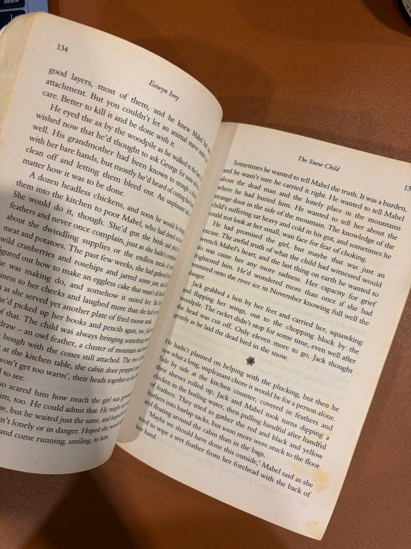The Snow Child by Eowyn Ivey Paperback Novel (Category: Storybooks) located in Cebu City. Submitted by gwyiener (Listing ID 1468462367, Image 3). Description: - Title: The Snow Child by Eowyn Ivey - Edition: Sunday Times bestseller and Pulitzer Prize finalist - Genre: Historical fiction set in 1920s Alaska about a homestead couple and a mysterious girl - Bonus: Includes the short story 'Little Daughter of the Snow' - Condition: Paperback with cle