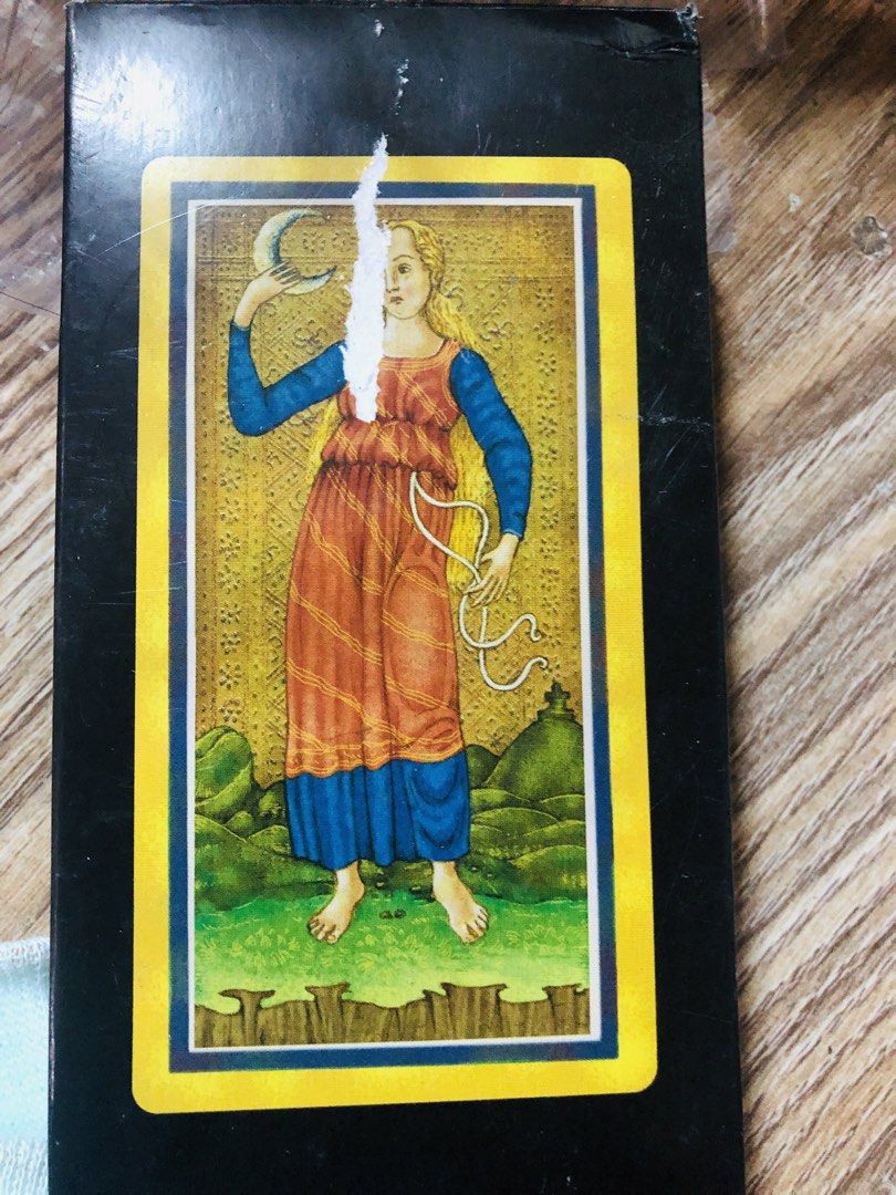 The Visconti-Sforza Deck Tarot Cards Box (Category: Board Games & Puzzles) located in Manila. Submitted by noemiaspa1702 (Listing ID 1468334735, Image 2). Description: - Item: Visconti-Sforza tarot deck box (BOX ONLY, cards not included) - Cover Art: Features classic historical artwork - Condition: Noticeable wear and tear along the top edge - Flaws: White sticker residue down the middle of the front illustration - Perfect for collectors or repla
