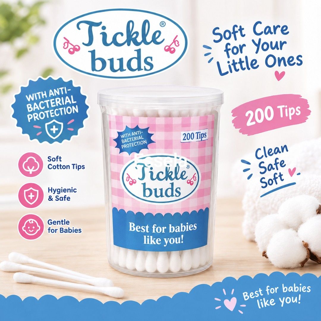 Tickle Buds Cotton Buds 200 Tips Tub (Category: Ear Care) located in Malabon City. Submitted by ph_ohkaye (Listing ID 1468369116, Image 1). Description: - Brand new, unopened, and sealed tub - Contains 200 soft cotton tips per container - Formulated with anti-bacterial protection - Specially designed for gentle baby care .